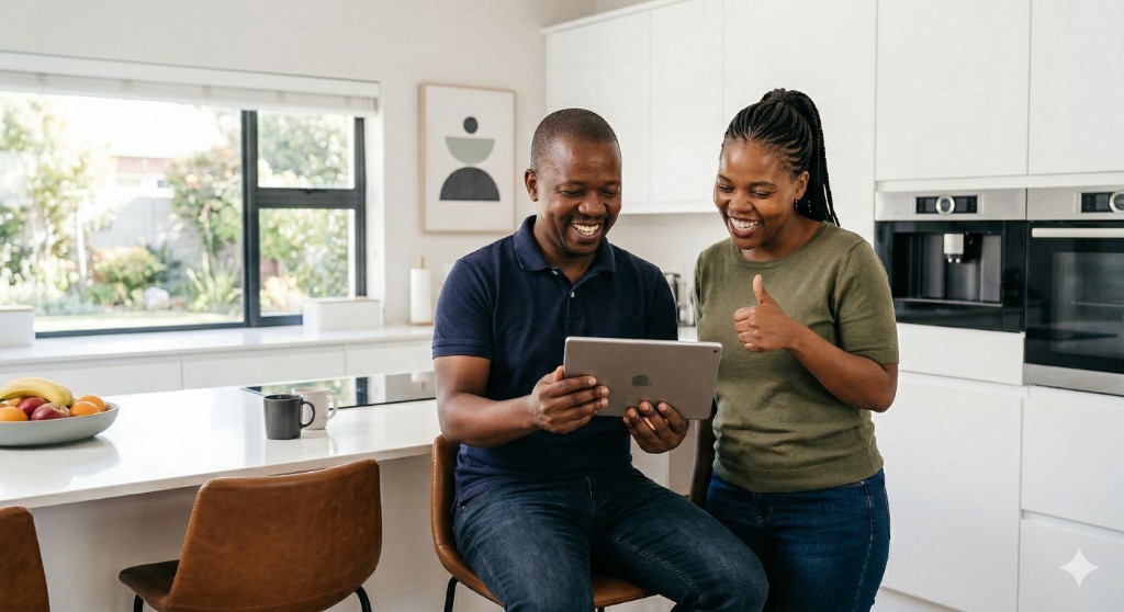 Happy customers reviewing a quote at home